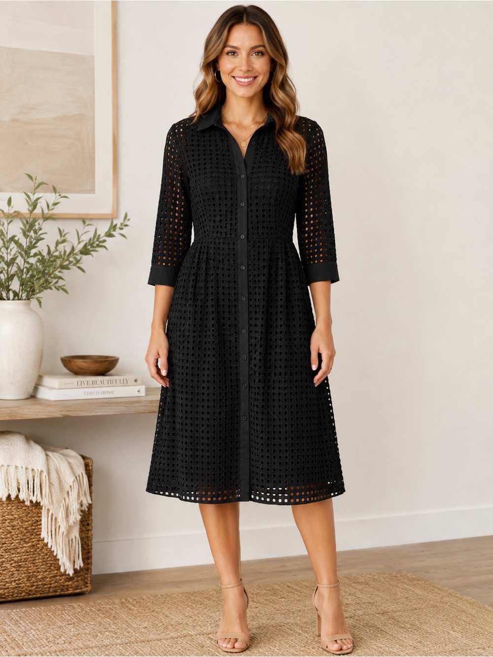 Who What Wear Black Eyelet Midi Shirt Dress Size Medium